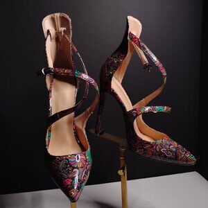 SAMMITOP Women's Pointed Toe High Heels Crisscross Strappy Funky Trippy Size 7